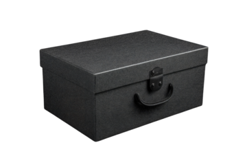 A black rectangular box with a textured surface, black handle, and clasp. background removed