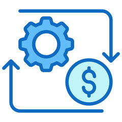 Financial Process Blue Fill Outline Icon Design Vector - Gear and dollar symbol with arrows, representing financial workflow or transaction cycles