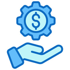 Financial Setup Blue Fill Outline Icon Design Vector - gear with a dollar sign above an open hand, symbolizing financial support or system setup