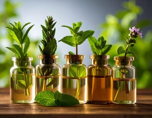 Essential oils in small bottles, herbal display