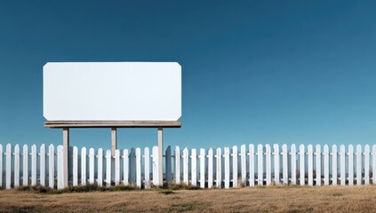 Blank billboard sign on a sunny day, next to a white picket fence