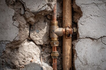 Exposed copper pipe connection in a cracked wall