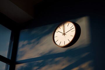 Wall clock in a room with sunset shadows
