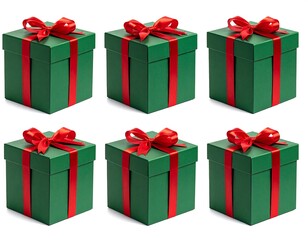 Six green gift boxes with red ribbons