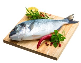 Fresh whole fish on a wooden board with herbs and spices
