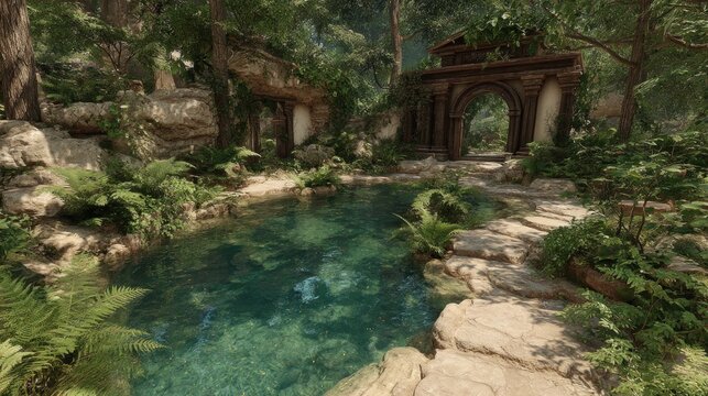 Serene sanctuary: Tranquil pool surrounded by lush forest and ancient architecture