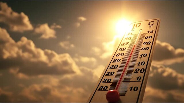 A thermometer shows a high temperature reading with the sun and clouds in the background