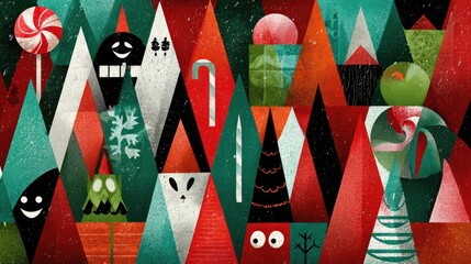 Colorful Festive Illustration with Abstract Shapes and Characters