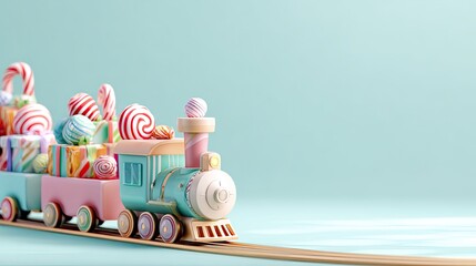 Colorful Toy Train with Candy and Gift Boxes on a Soft Background