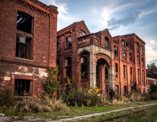 Abandoned brick factory complex at twilight