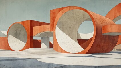 Architectural watercolor study of abstract structures