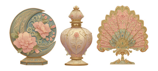 Elegant Decorative Elements with Floral Designs in Pastel Colors and Gold Accents