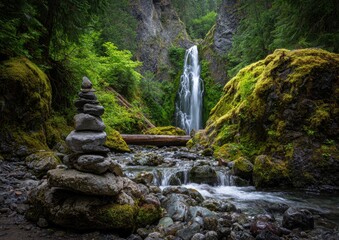 Waterfall cascading through lush green forest