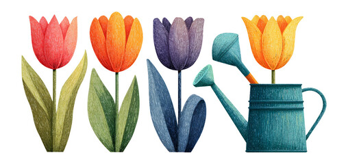Fototapeta premium Colorful Floral Arrangement with Watering Can and Vibrant Tulip Designs