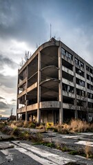 Abandoned concrete building amidst overgrown land