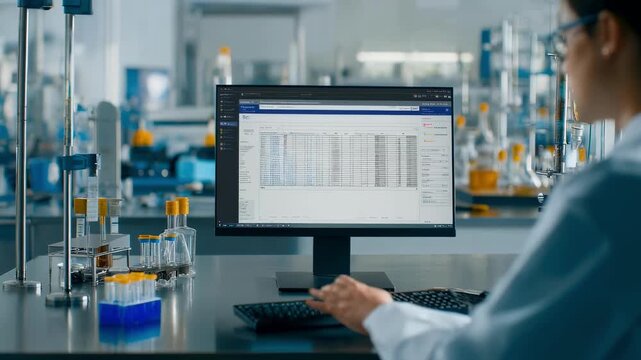 Medium shot of a technician verifying indexed case documents on a digital platform featuring advanced search and categorization tools.