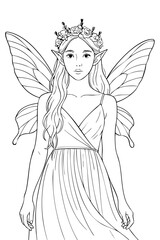 Fantasy Fairy Princess Outline Drawing – Magical Winged Elf