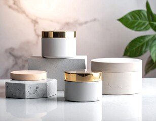 Skincare product display on marble
