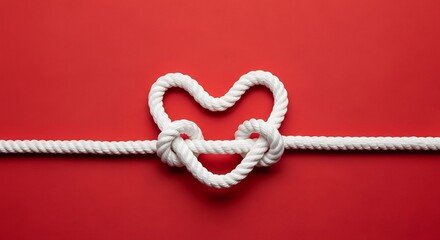 A white rope tied into a heart shape on a red background