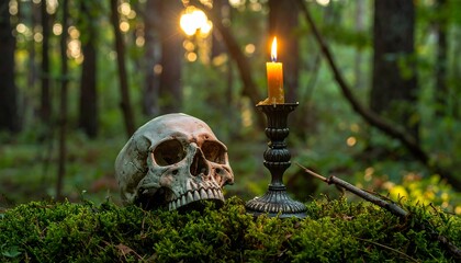 Skull and candle in a mossy forest setting