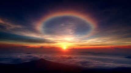 Majestic Sunset Over Mountains with Colorful Halo Effect in the Sky