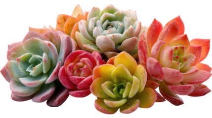 A cluster of vibrant succulents in red, orange, yellow, and green hues, isolated on a transparent background. background removed