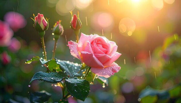 Pink roses in a garden after rain - Powered by Adobe