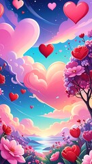 Heart-filled, dreamy landscape of pink and red