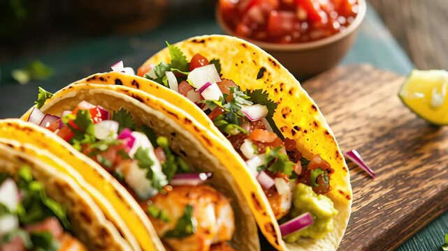 Mouthwatering tacos with grilled fish, fresh vegetables, vibrant toppings, and zesty salsa create delightful meal, showcasing colorful cuisine that brings joy and satisfaction with every bite