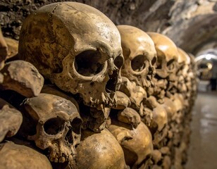 Skull collection in an ancient crypt