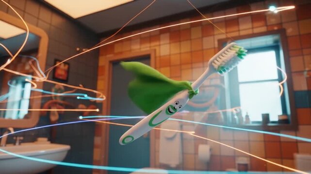 Animated Toothbrush Superhero Flying Through Bathroom with Light Trails