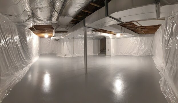 Empty basement with plastic sheeting