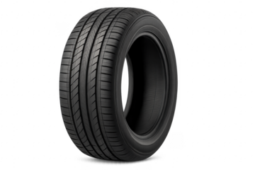 Car tire with tread pattern standing on transparent background