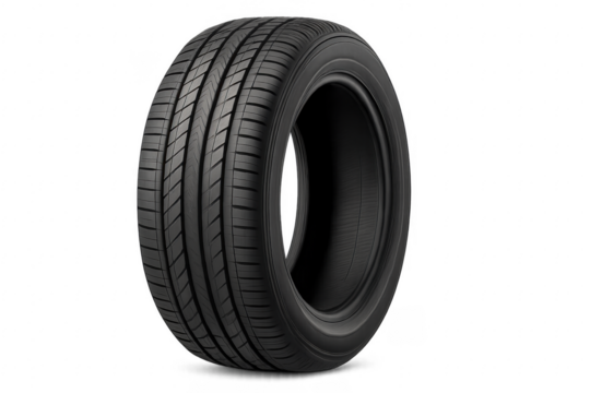 Car tire with tread pattern standing on transparent background