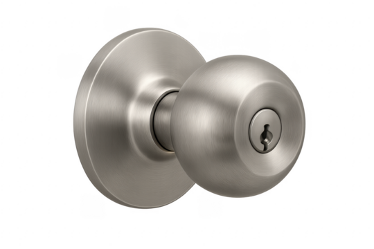 Brushed steel doorknob with keyhole on transparent background