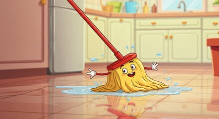 Cartoon mop cleaning floor