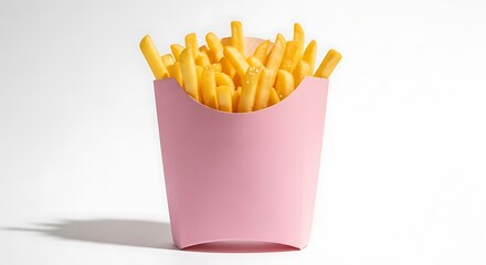 French fries in a pink container, isolated on white background
