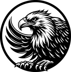 Obraz premium Minimalist black and white vector icon of an eagle, clean outline, modern style, isolated on white, scalable for logos, stickers, or digital use