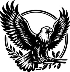 Obraz premium Minimalist black and white vector icon of an eagle, clean outline, modern style, isolated on white, scalable for logos, stickers, or digital use
