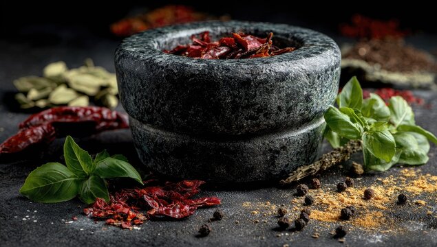 Close-up of various dried spices and herbs in a stone mortar