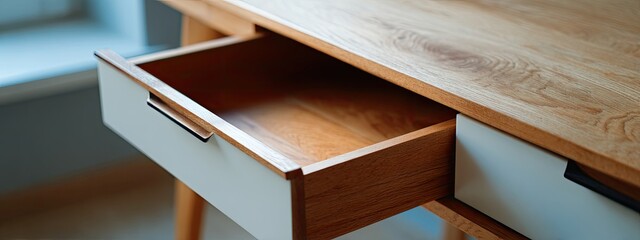 Close-up of a light-colored wooden desk with drawers
