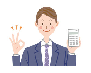 計算機を持つビジネスマンのイラスト　OKサイン　電卓　
