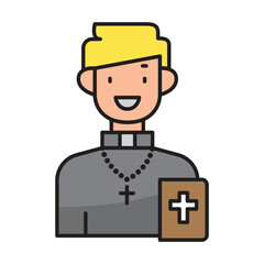 Flat cartoon of a smiling priest in a robe with a rosary and Bible