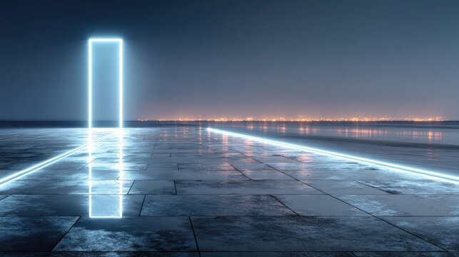 Abstract Neon Gateway Under Gray Sky And Reflected Cityscape With Blue Gradient
