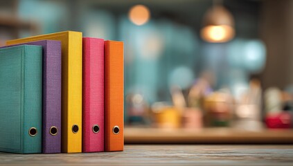 Colorful binders on a wooden surface in a cafe