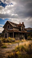 Abandoned farmhouse under a cloudy sky