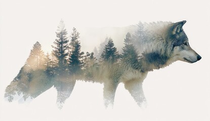 Wolf in a misty forest. A double exposure image of a wolf walking through a soft-focused forest scene