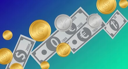 Global currency and coin symbols ascend, representing financial growth and economic progress on a vibrant gradient background