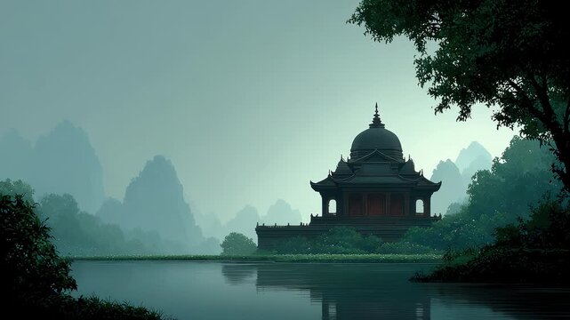 Ancient Architecture by Tranquil Lakeside Reflected in Water