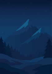 Winter night in mountain with snow.